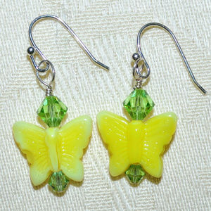 Handmade Yellow Butterfly & Green Crystal Earrings